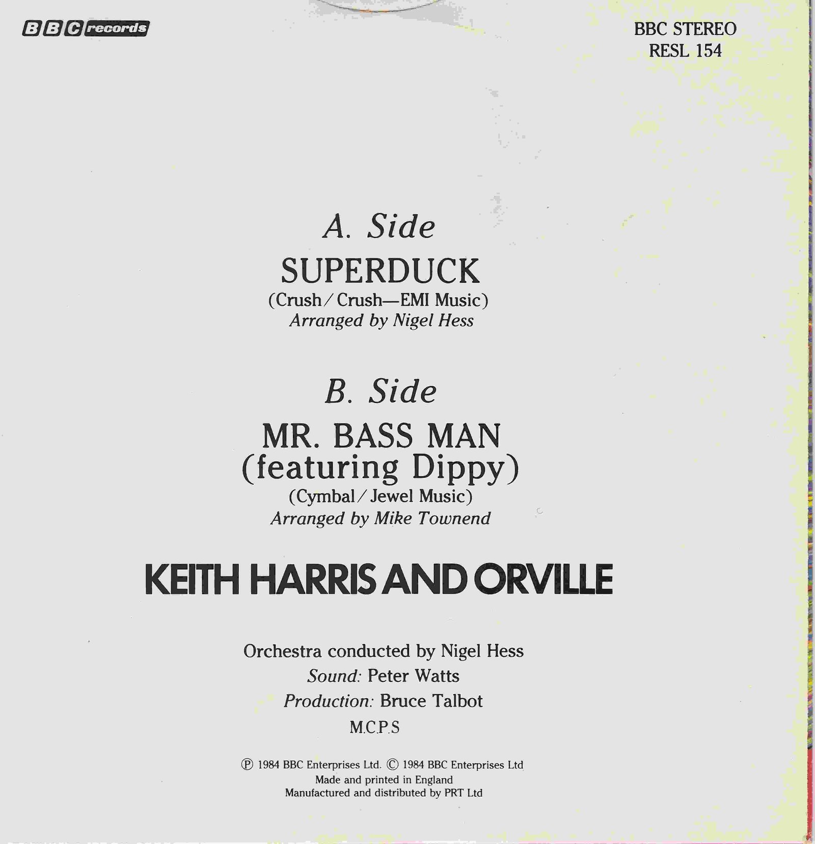 Picture of RESL 154 Superduck by artist Bobby Crush / Cymbal / Keith Harris from the BBC records and Tapes library